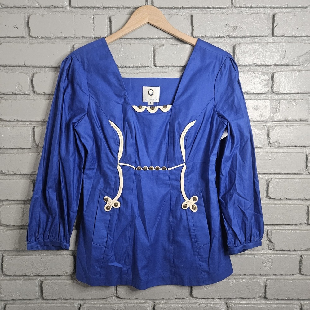 Mayle Womens Shirt 6 Royal Blue Peasant Top Lined